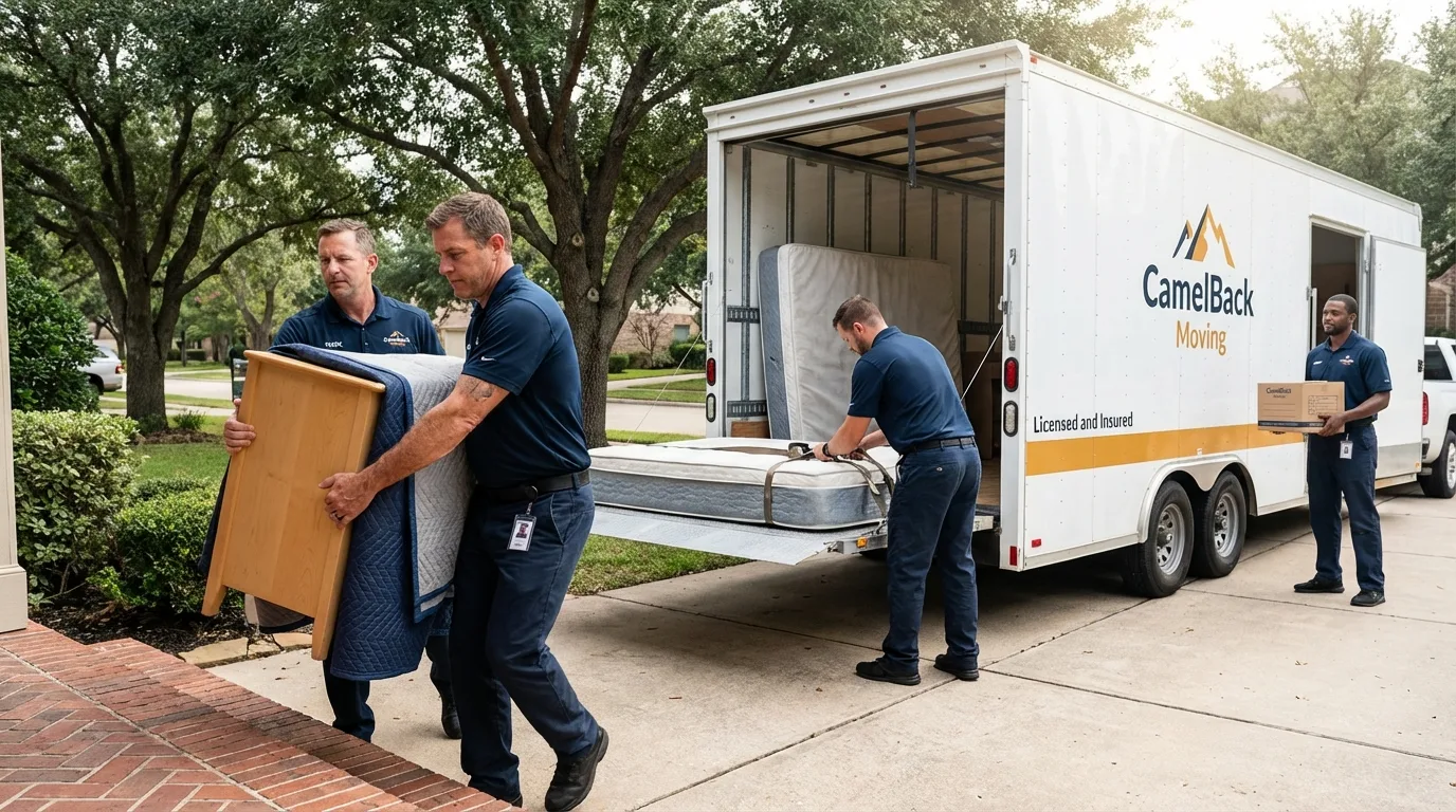 Crew loading residential truck for cross-state move from Charleston, IL