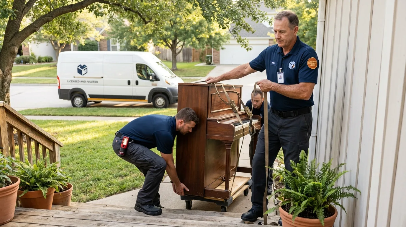 Licensed piano movers securing grand piano in Charleston, IL