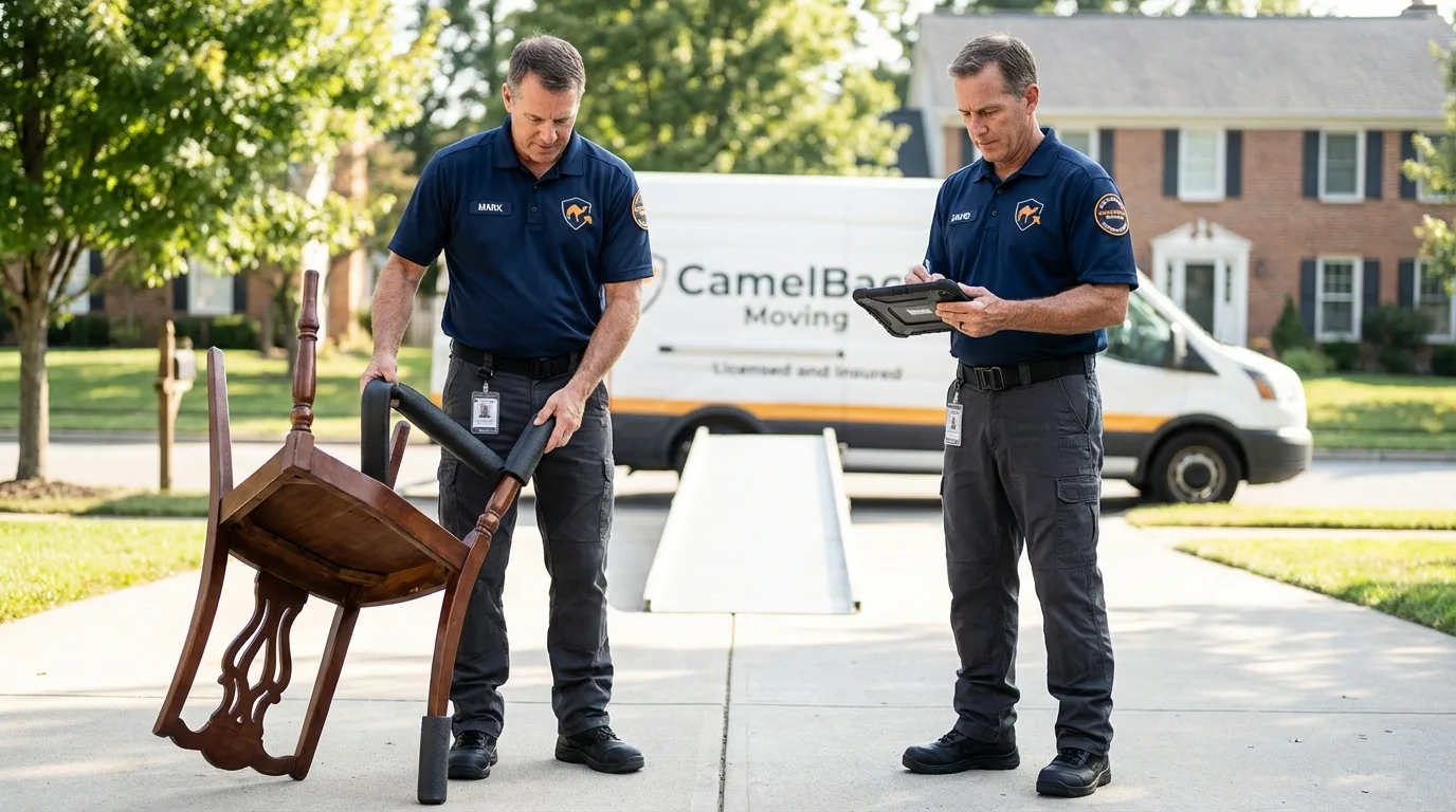 Movers inspecting furniture for damage prevention before loading in Charleston, IL