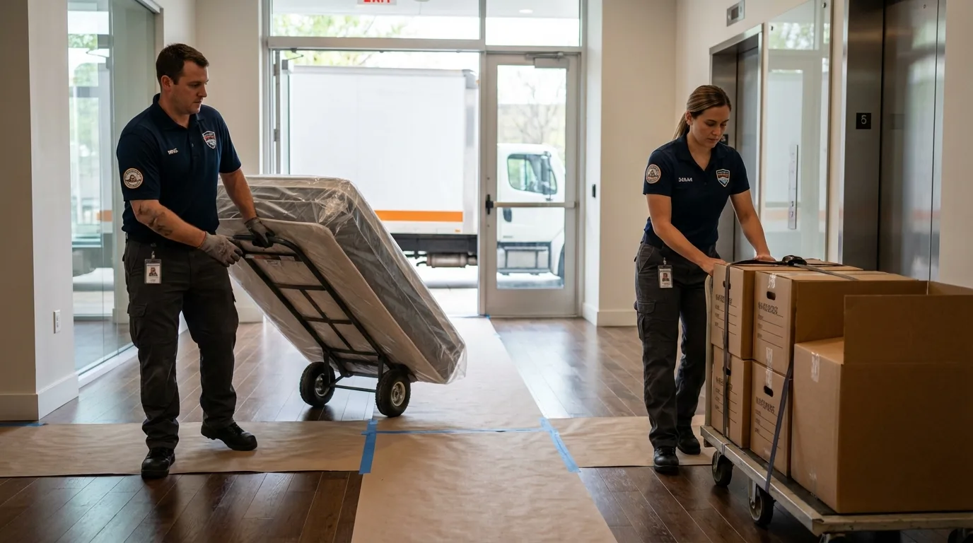 Professional apartment movers loading elevator in Charleston, IL