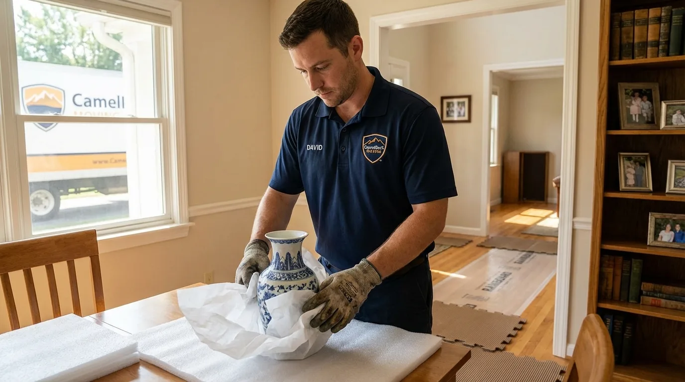 Professional crew carefully wrapping antique vase for senior downsizing move in Charleston, IL